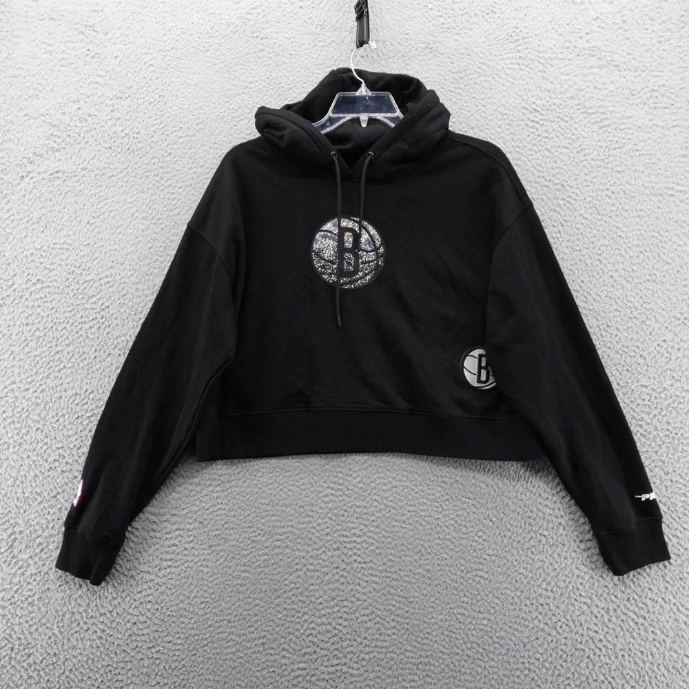Pro Standard Brooklyn Nets NBA Women L Black Sparkle Crop Hoodie Sweatshirt NEW